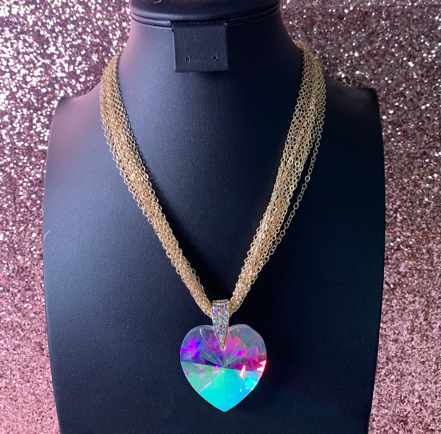 Gold Multi-Layer Necklace w/ AB Heart Jewel