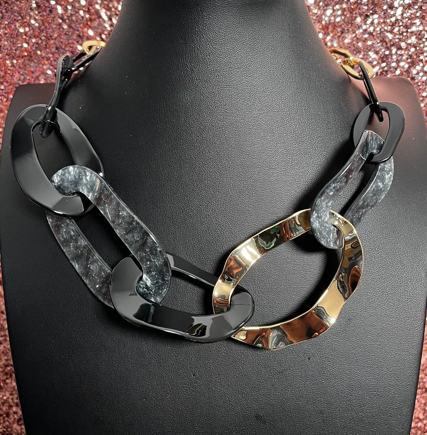 Wavy Black Silver & Gold Necklace