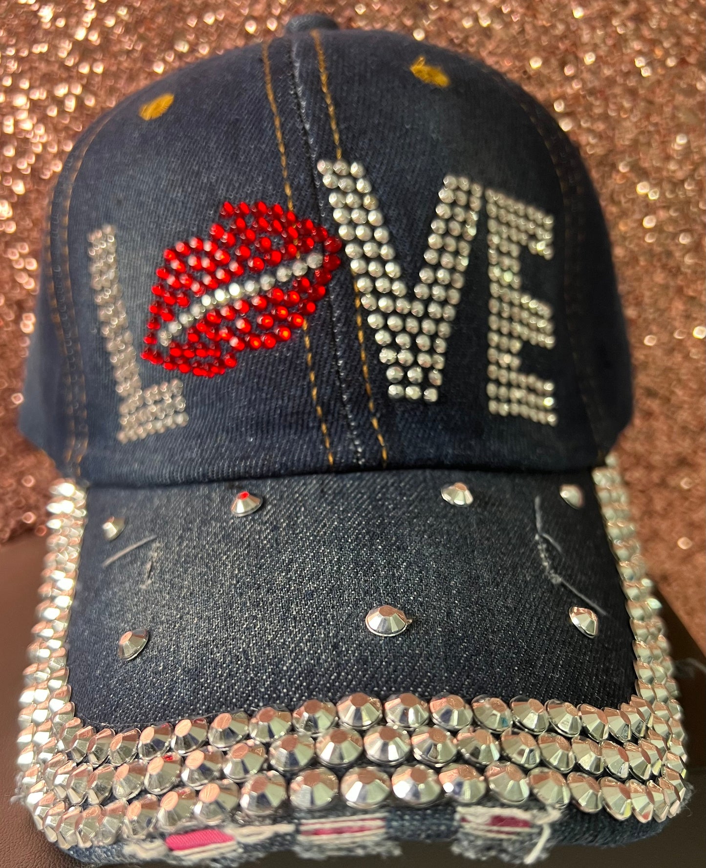 Love bling with red lips bling denim cap