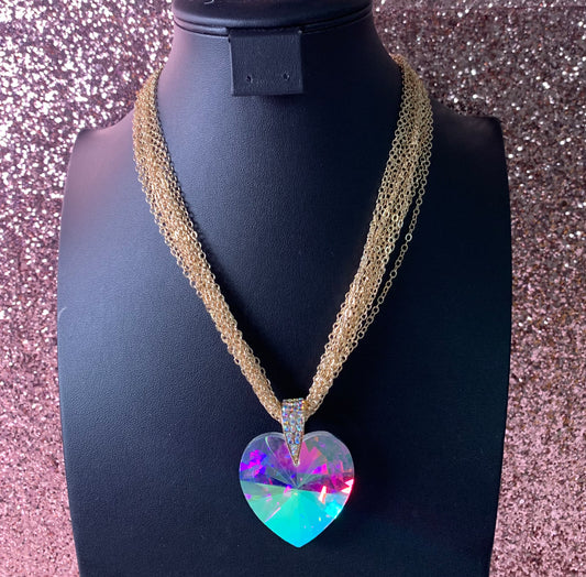 Gold Multi-Layer Necklace w/ AB Heart Jewel