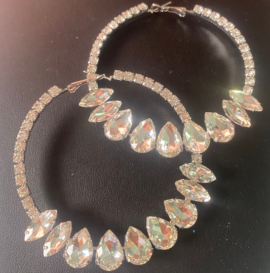 Silver teardrops bling hoop earrings