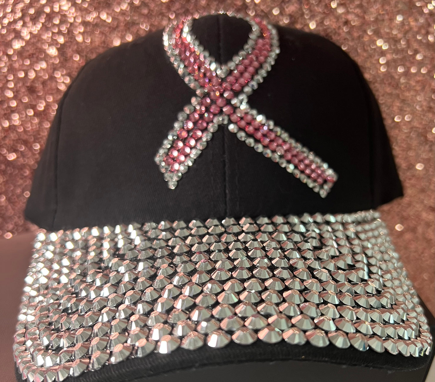 Black denim pink bling ribbon cap
