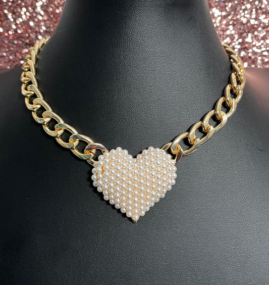 Gold Pearl Heart Choker