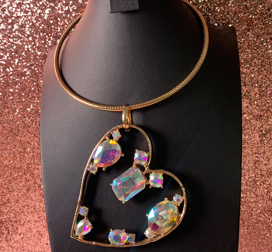 Gold Hollow Heart w/ AB Jewels Choker Necklace