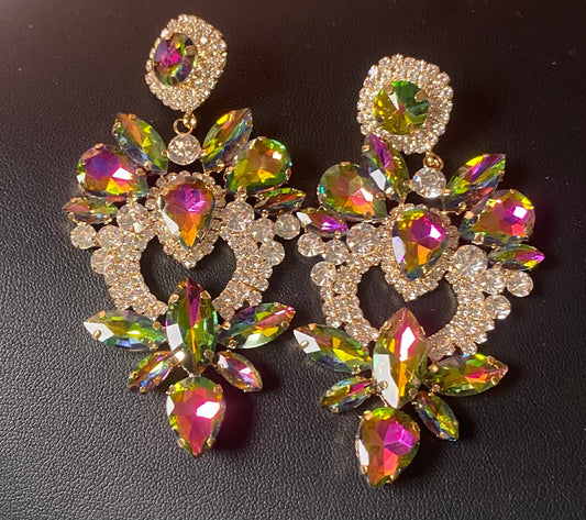 Gold oil spill peacock earrings