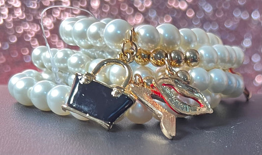 White stacked charm bracelet set