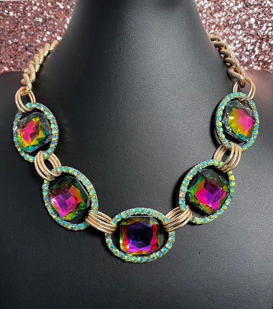 Gold Green & Oil Spill Necklace