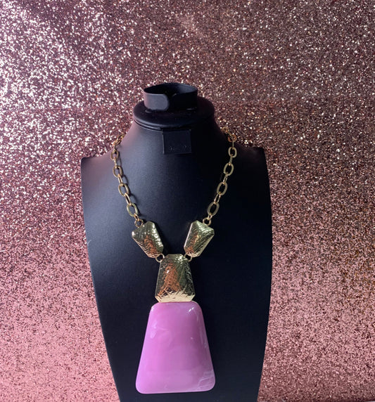 Large Pink stone with Gold chain Necklace