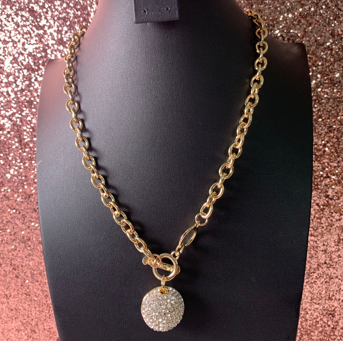 Gold Link Necklace w/ Silver Rhinestone Ball