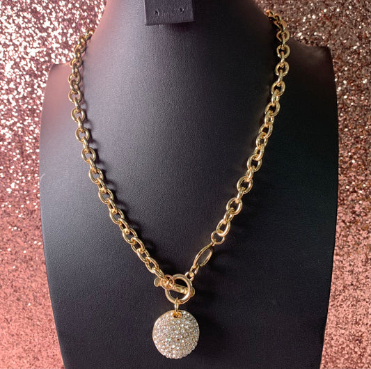 Gold Link Necklace w/ Silver Rhinestone Ball