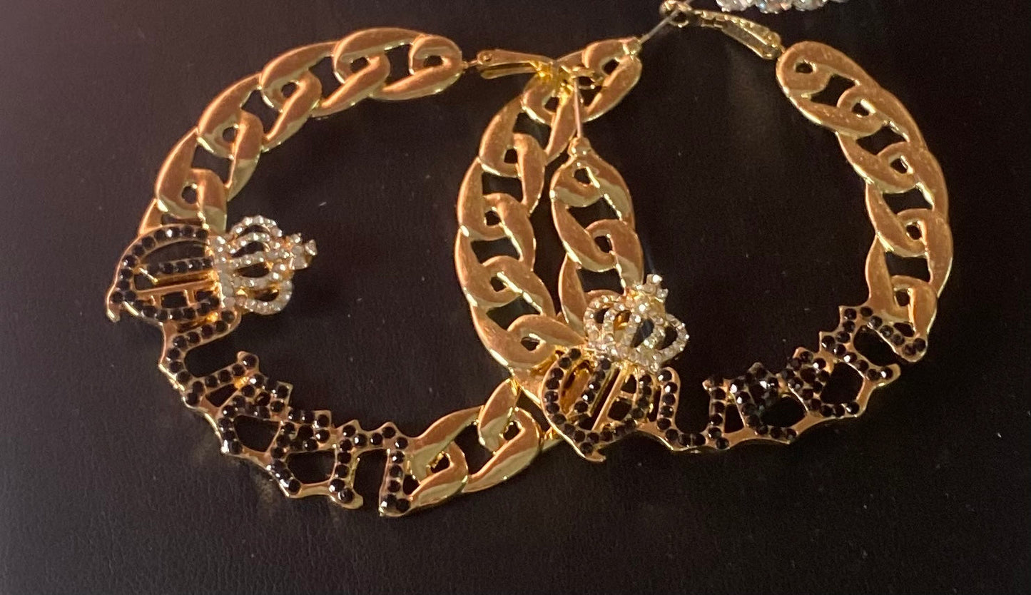 Queen bling gold hoop earrings
