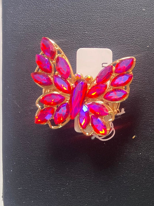 Gold Pink bling butterfly fly ring