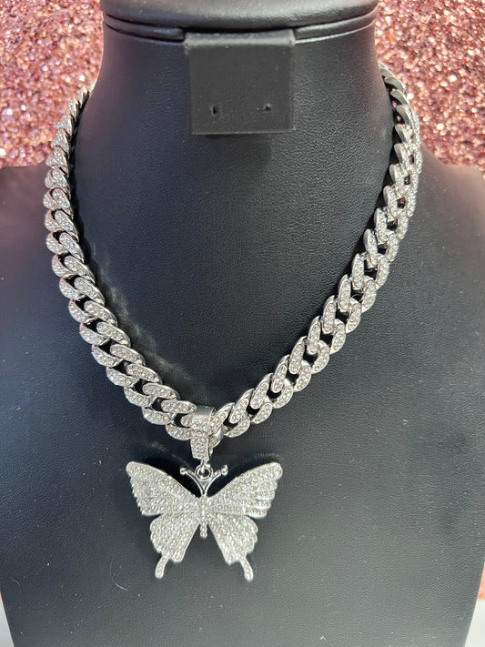 Butterfly bling silver necklace