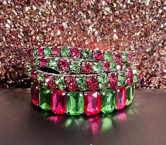 Silver pink & green Stack bracelet