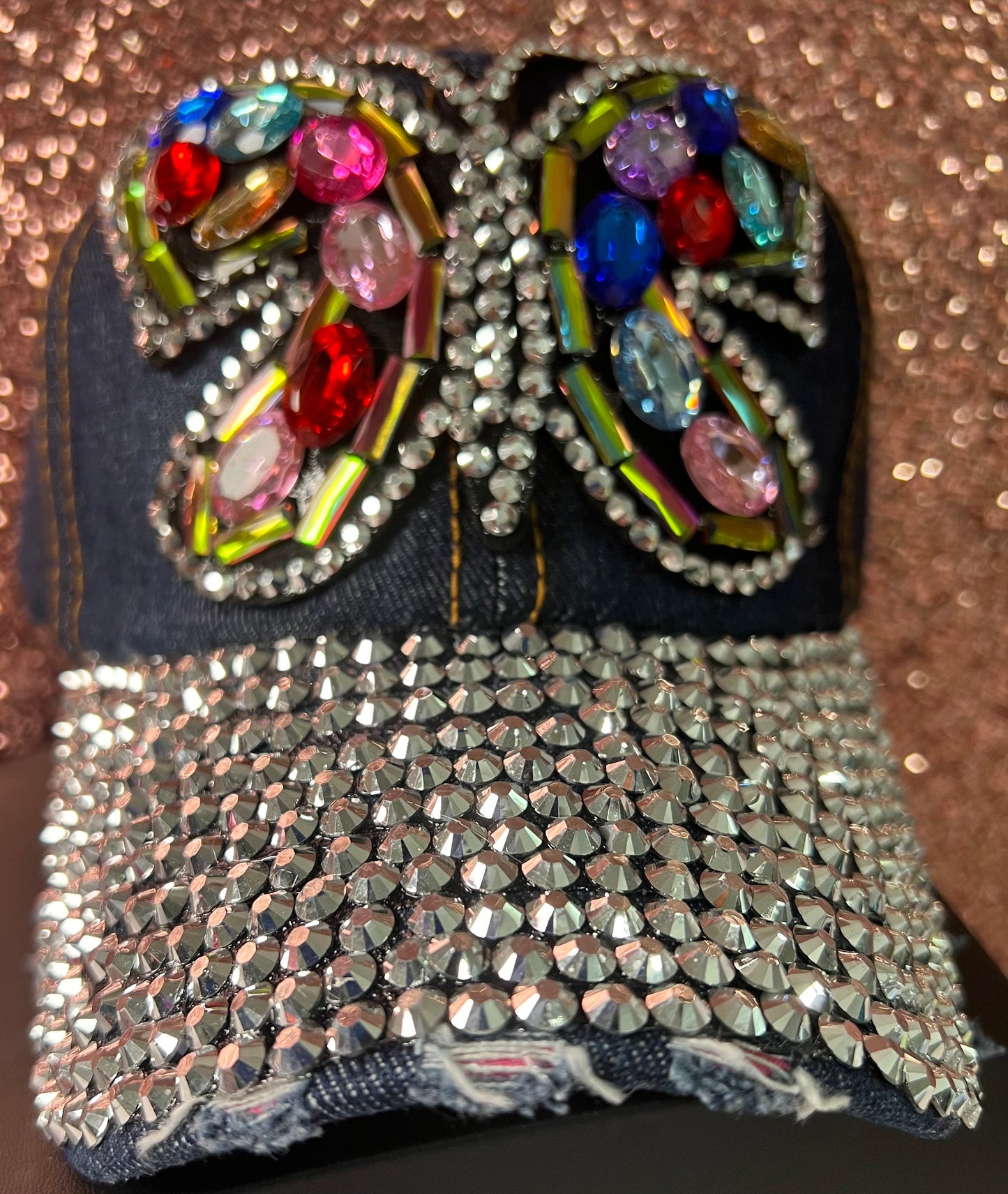 Dark denim multi bling butterfly  cap