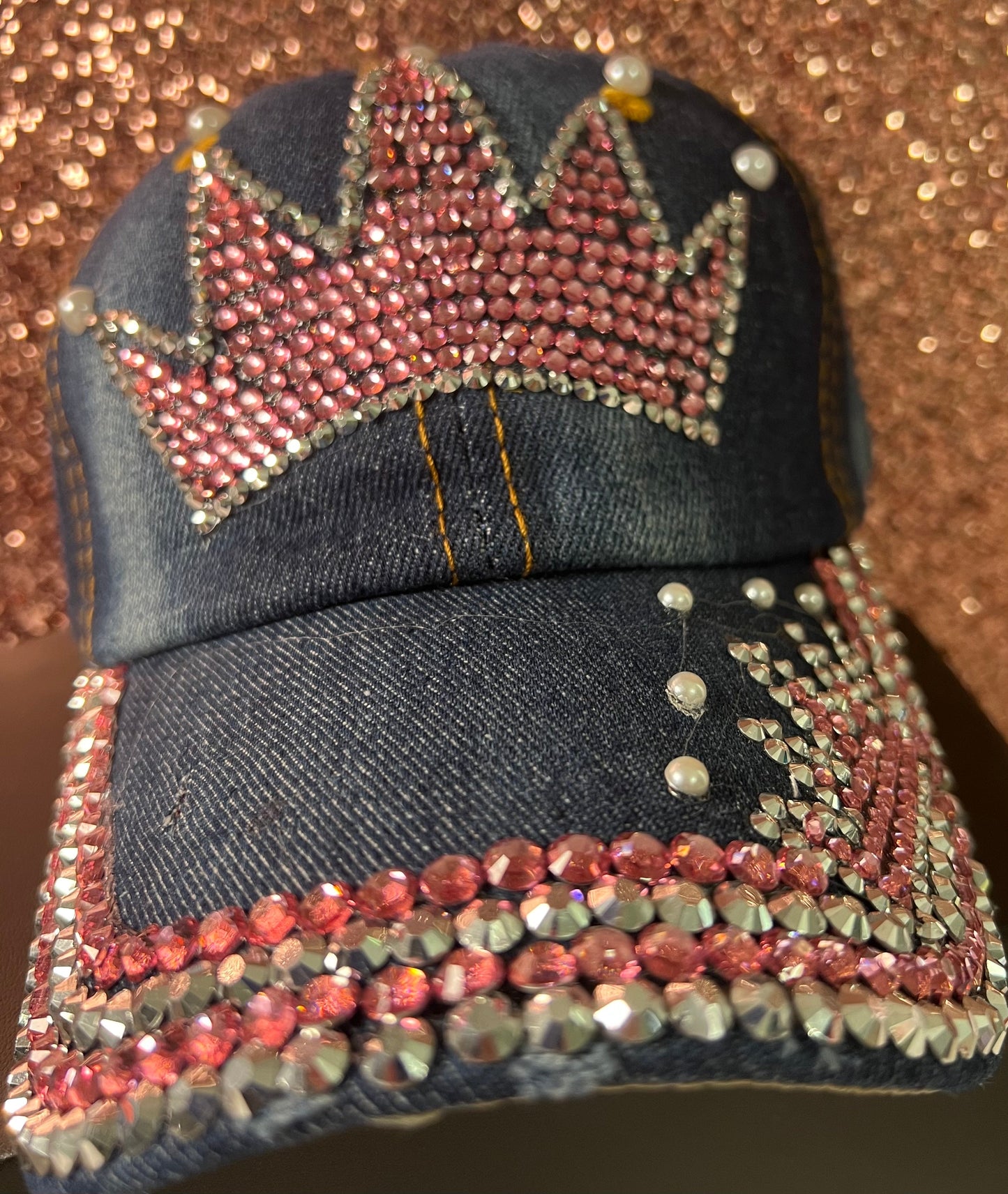 Dark denim pink bling crown hat