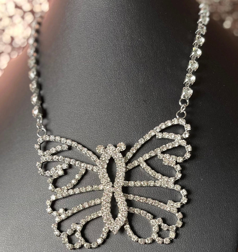 Big silver bling butterfly necklace