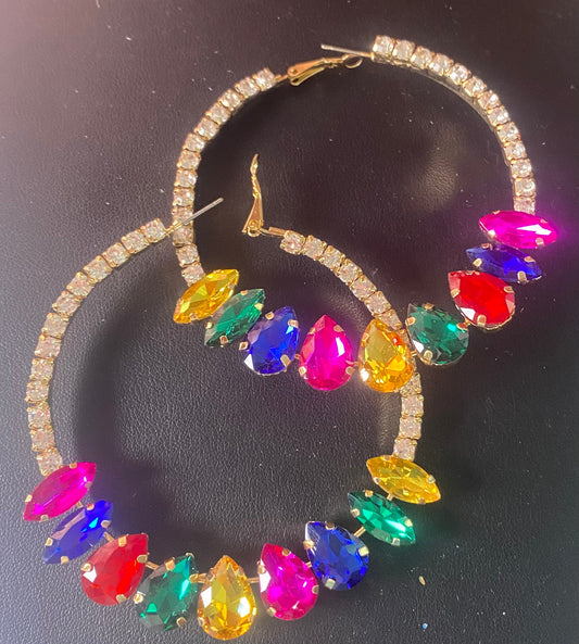 Gold teardrops  multi bling hoop earrings