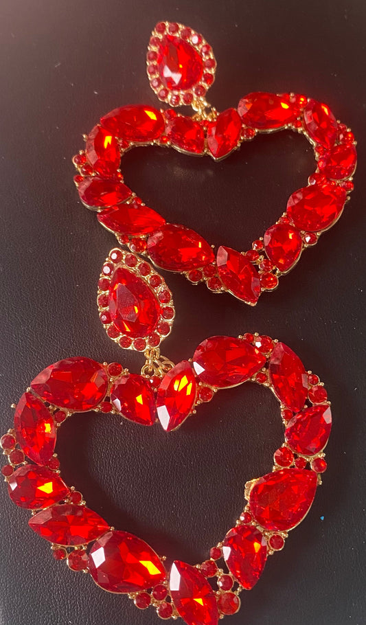 Gold red bling heart earrings