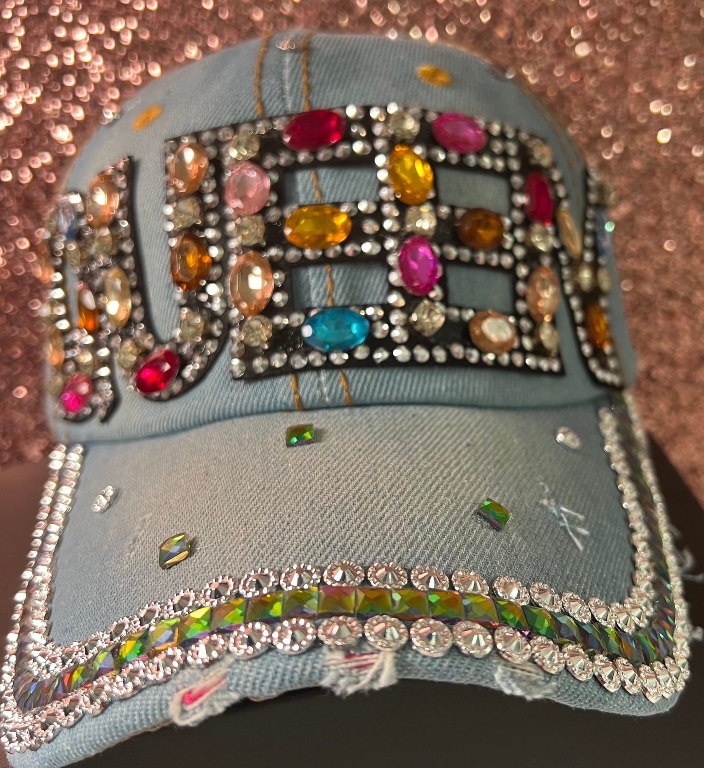 Light denim multi bling queen cap