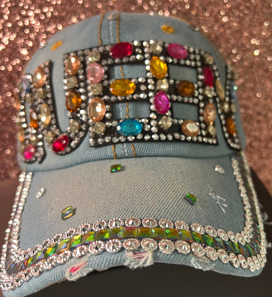 Light denim multi bling queen cap
