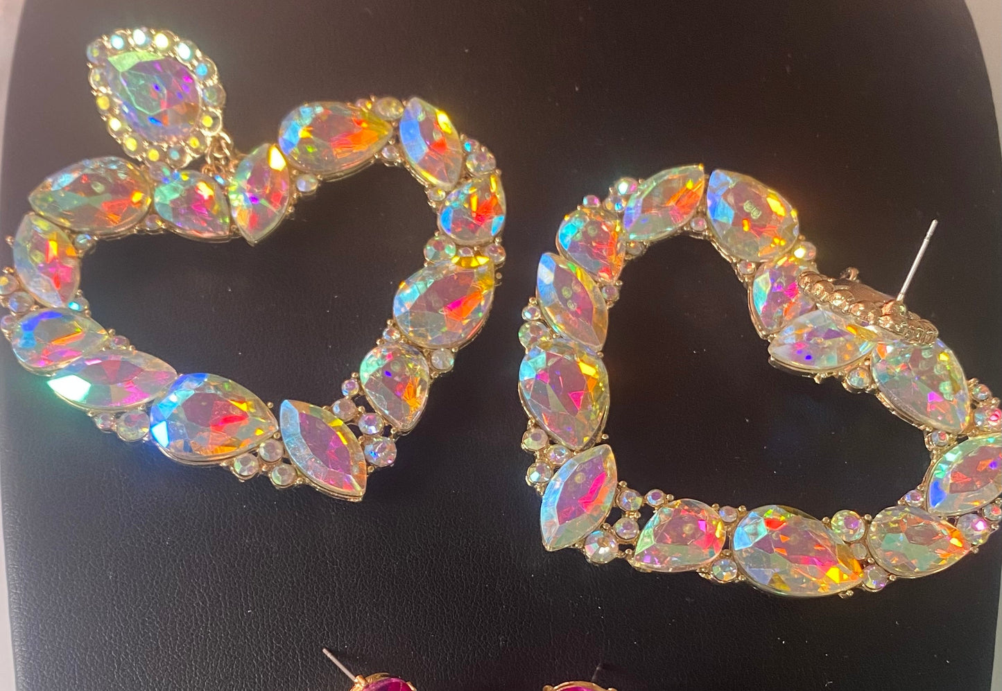 Large gold heart iridescent earrings