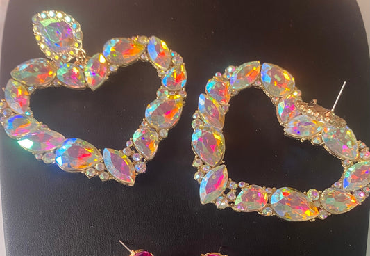 Large gold heart iridescent earrings