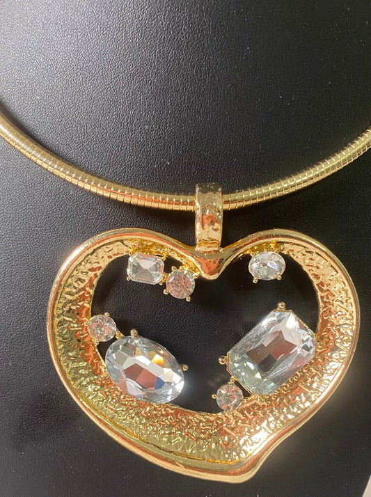 Gold chunk heart clear stone choker