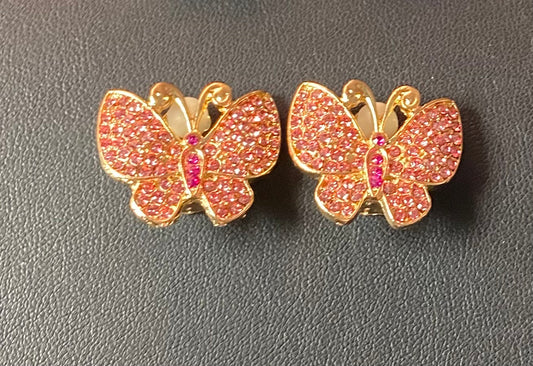 Gold pink bling butterfly clip on earrings