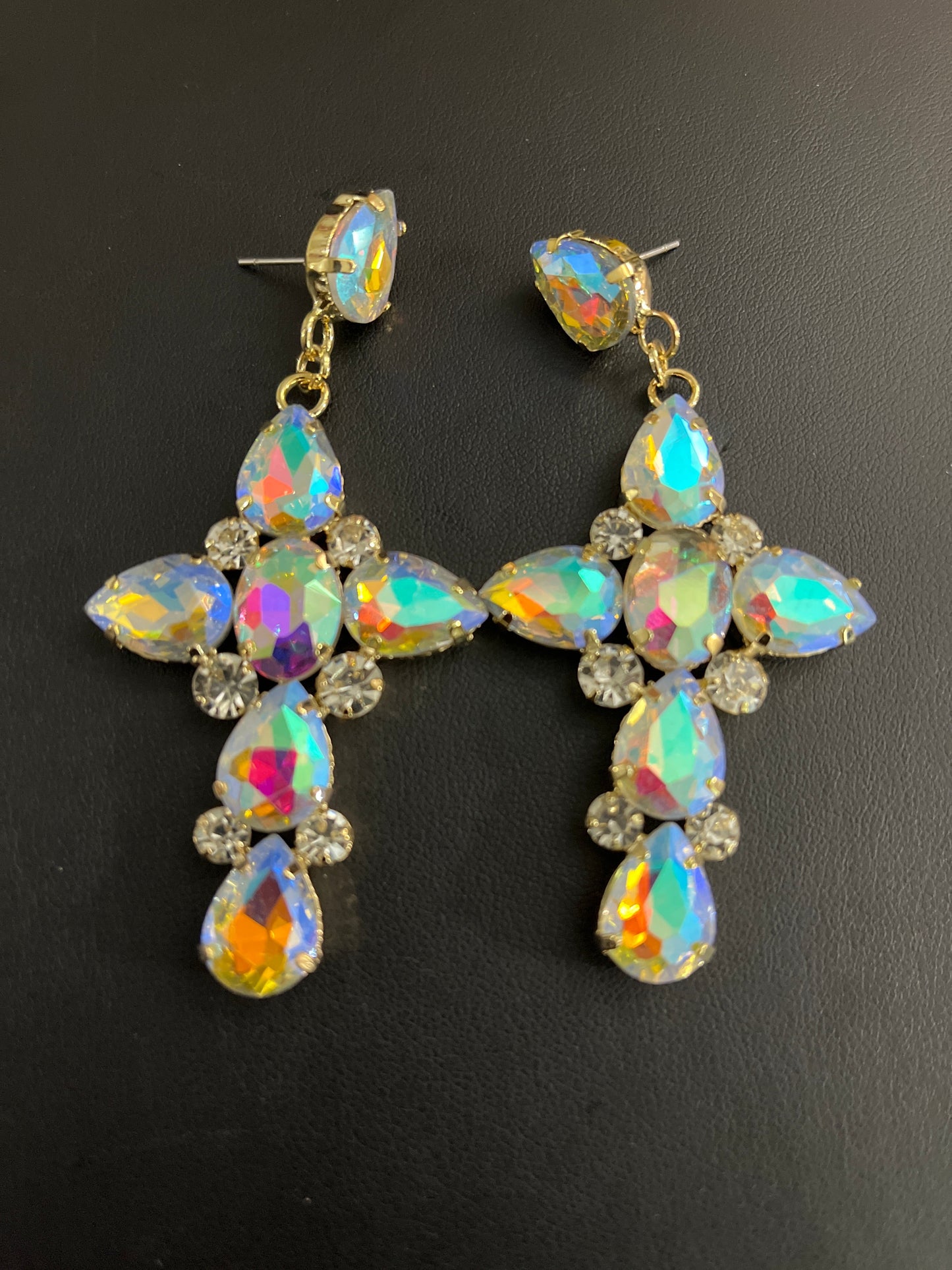 Gold Bling & Iridescent Cross Earrings
