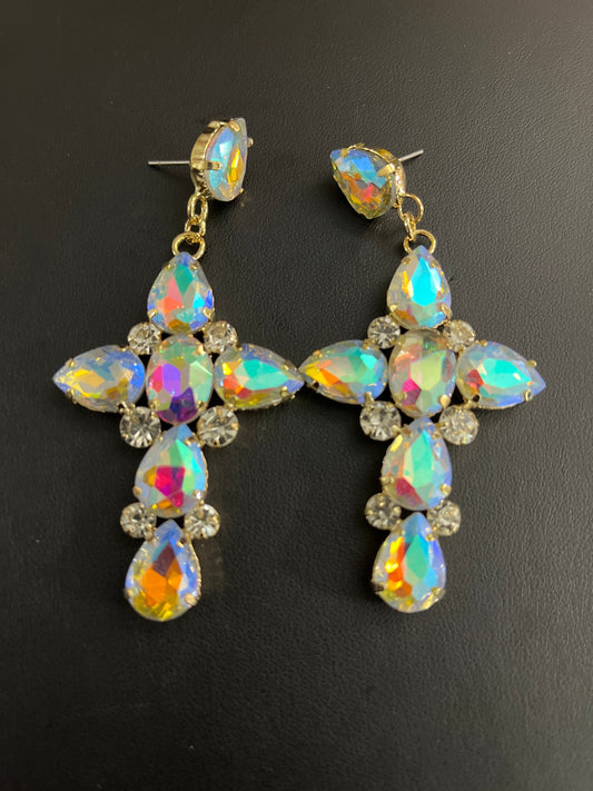 Gold Bling & Iridescent Cross Earrings